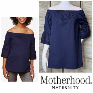 Motherhood Maternity off the shoulder navy blue bell sleeve tunic top Medium NWT